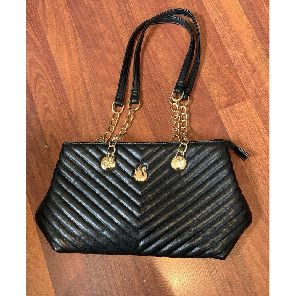 Black Chevron Stitch Quilted Shoulder Bag Gold Chain Strap Evening Handbag